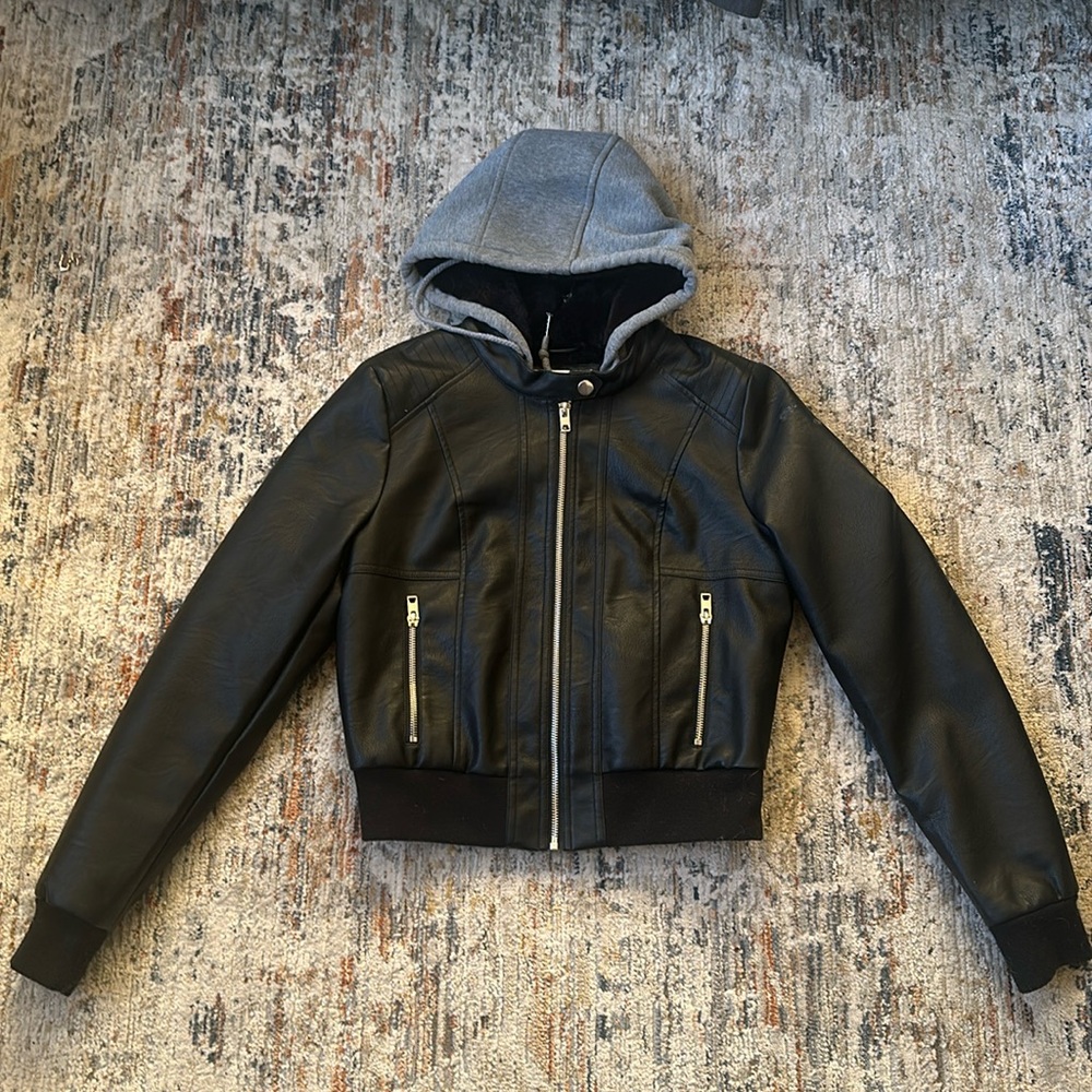 Hooded Faux Leather Jacket Super Soft Inside Size S